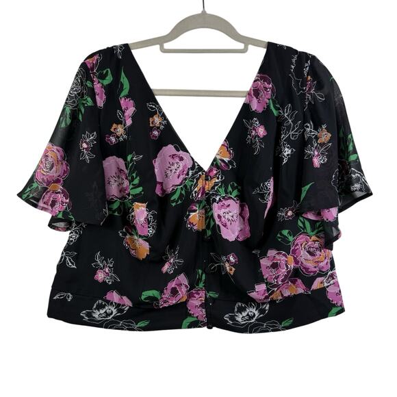 Smocked Cropped Torrid Black Floral Blouse 2X Flutter Sleeve Dark Floral V Neck - Picture 2 of 12